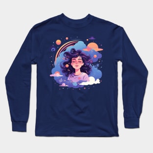 Woman with sweet dreams concept Young girl with galaxy and universe at hairs Long Sleeve T-Shirt